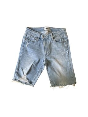 PAIGE Faded Light Blue Distressed Denim Bermuda Shorts